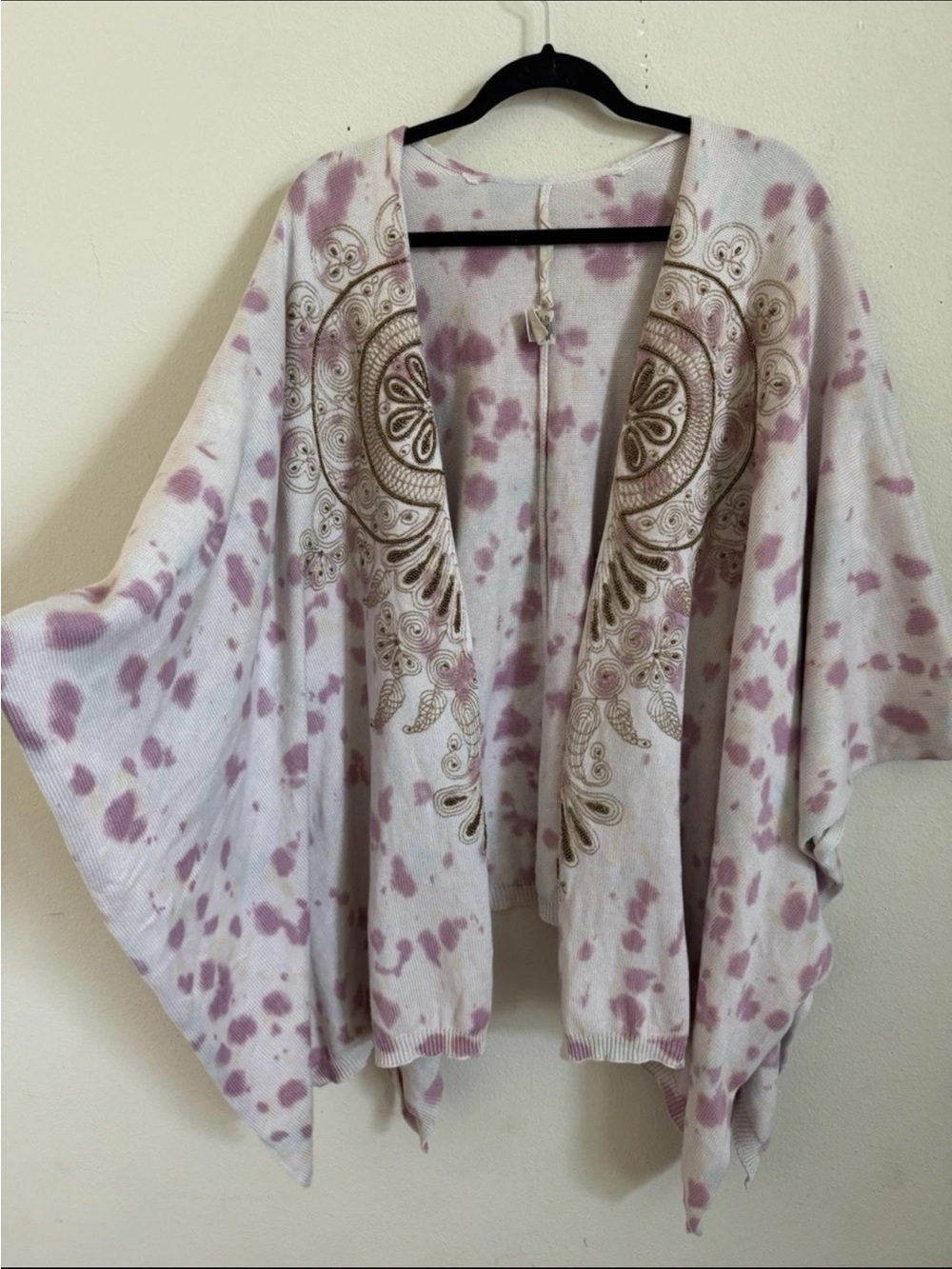 Soft Surroundings Pink Boho Tie Dye Knit Beaded cotton Kimono One Size